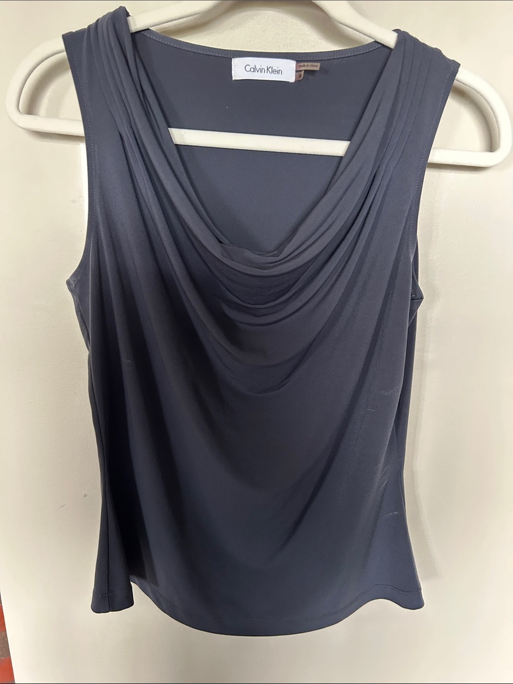 Calvin Klein Cowl Neck Blouse Black Stretch Knit Sleeveless Chocoal Gray M